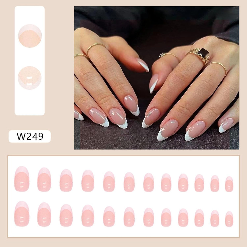 White French Tip Press on Nails Short Oval Fake Nails Press on Nails Daily Wear Simple Glue on Nails Light Pink Full Cover Stick on Nails for Women 24 Pcs