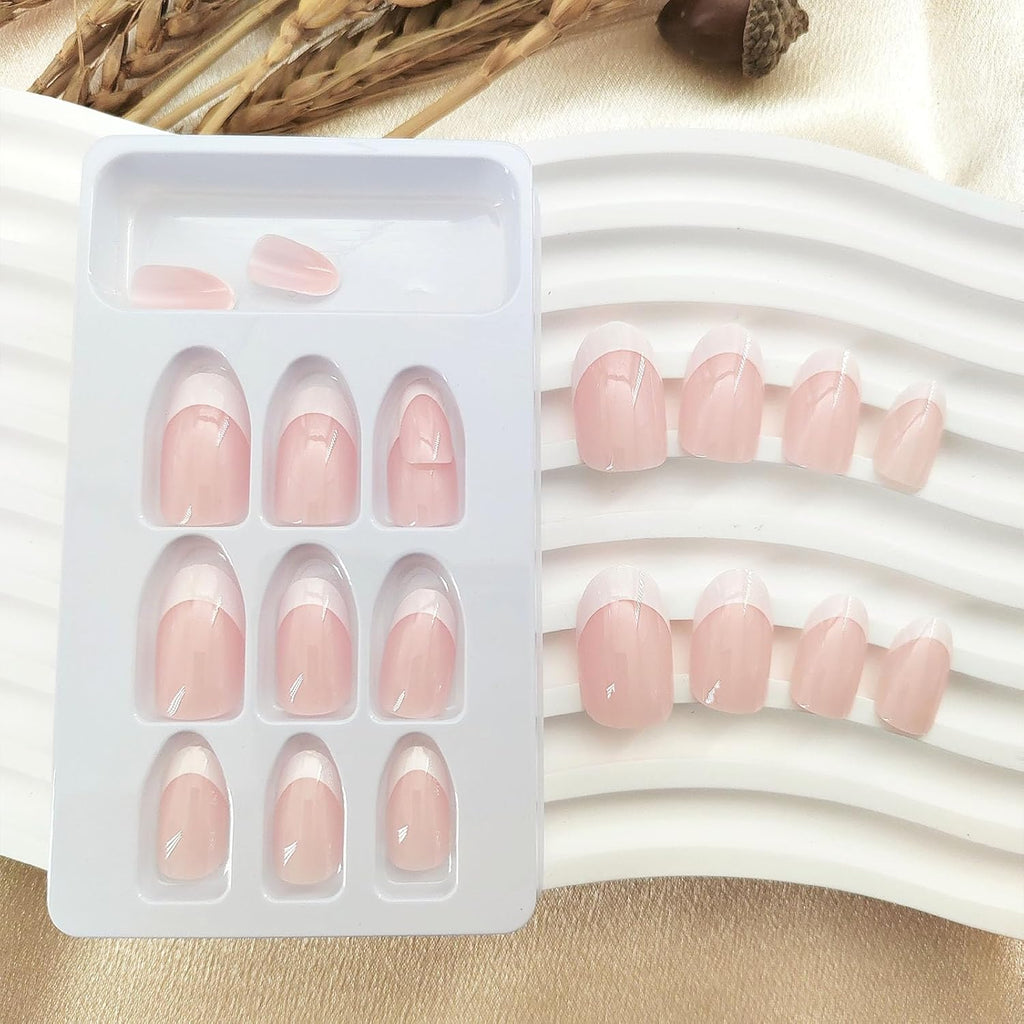 White French Tip Press on Nails Short Oval Fake Nails Press on Nails Daily Wear Simple Glue on Nails Light Pink Full Cover Stick on Nails for Women 24 Pcs