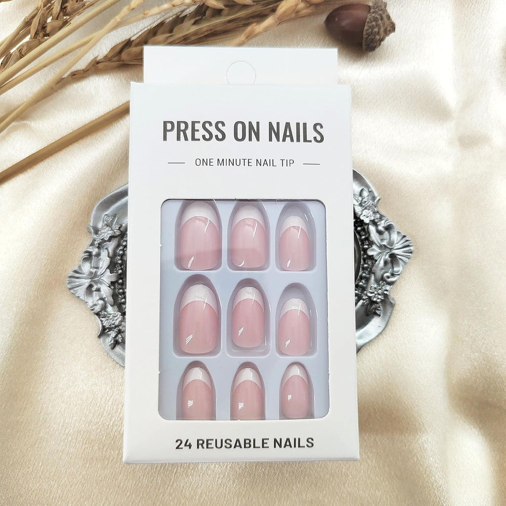 White French Tip Press on Nails Short Oval Fake Nails Press on Nails Daily Wear Simple Glue on Nails Light Pink Full Cover Stick on Nails for Women 24 Pcs