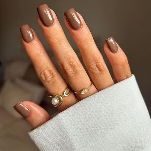 24Pcs Press on Nails - Short Square Medium Shape, Dark Coffee Color, Stick on Nails