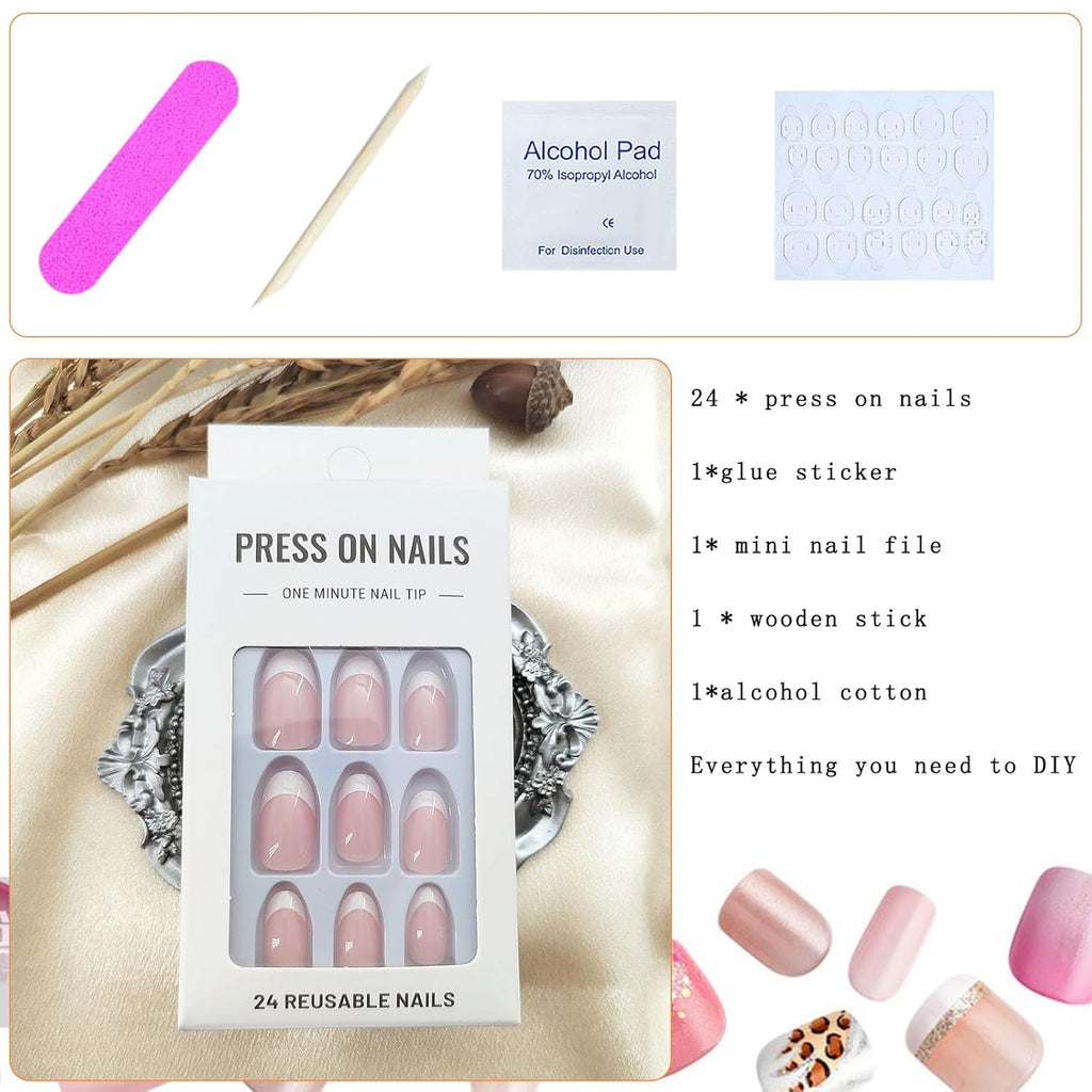 White French Tip Press on Nails Short Oval Fake Nails Press on Nails Daily Wear Simple Glue on Nails Light Pink Full Cover Stick on Nails for Women 24 Pcs